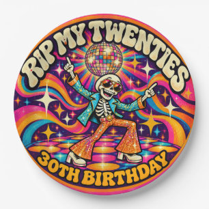 RIP My Twenties Retro Disco Skeleton 30th Birthday Paper Plates