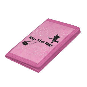 Rip the Net Girls Hockey Player Puck on pink Tri-fold Wallet