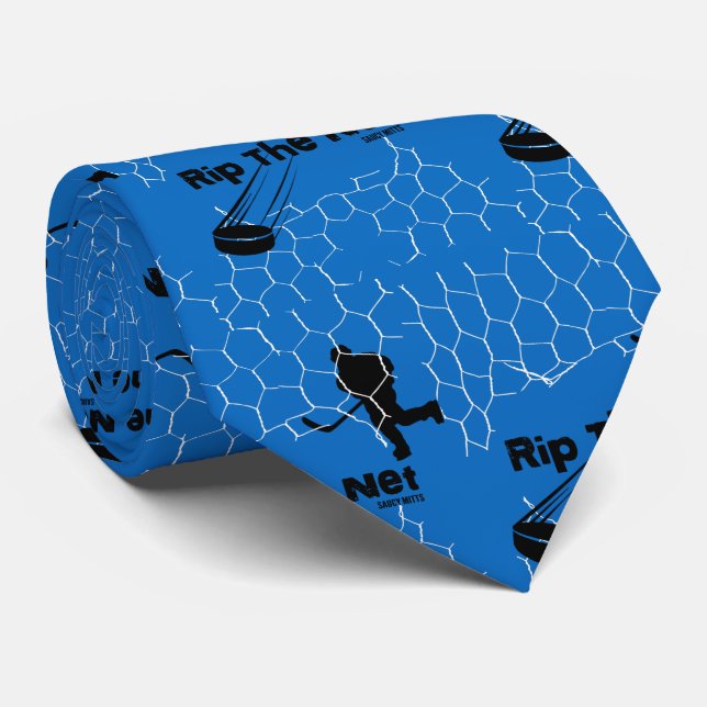 Rip the Net Hockey Player on blue Neck Tie (Rolled)