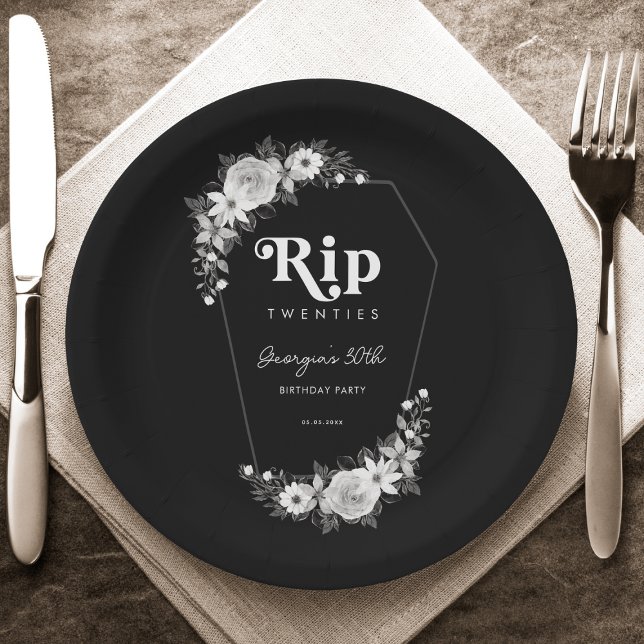 Rip To My Twenties Black 30th Birthday Party Paper Plates (Creator Uploaded)