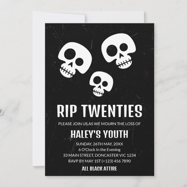 RIP Twenties 20s Skull Funny Funeral 30th Birthday Invitation (Front)