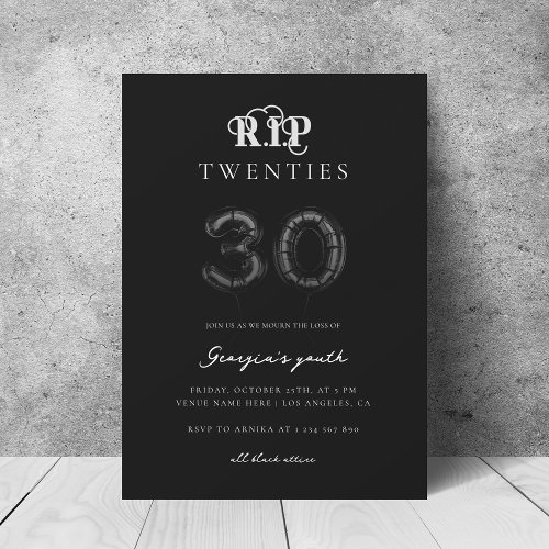 RIP Twenties Black Balloons 30th Birthday Party    Invitation