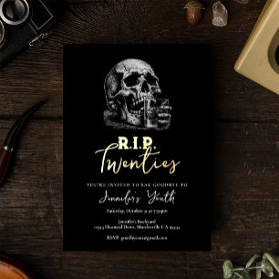 RIP Twenties Black Gold Skull 30th Birthday Party Foil Invitation