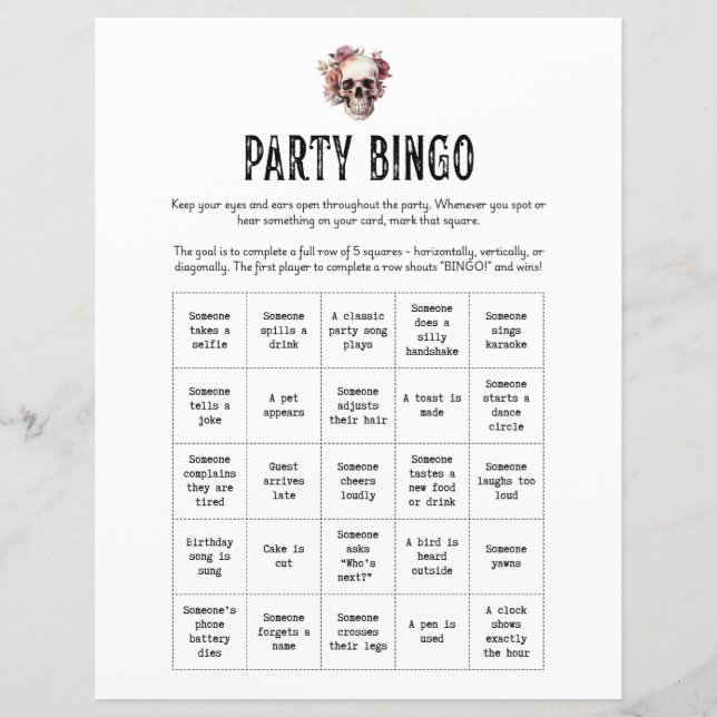 RIP Youth Party Bingo game sheet (Front)