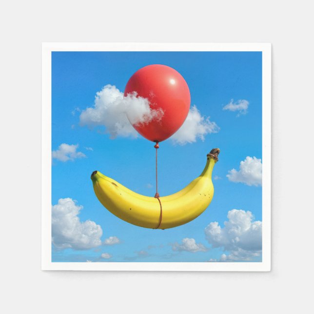 Ripe Banana Floating In Sky with Red Balloon Napkins (Front)