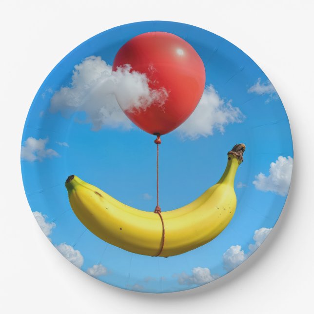 Ripe Banana Floating In Sky with Red Balloon Paper Plates (Front)
