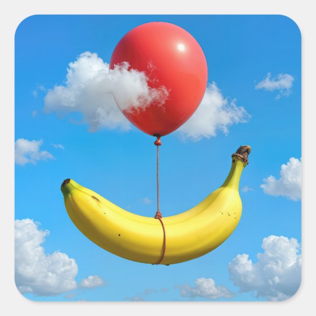 Ripe Banana Floating In Sky with Red Balloon Square Sticker (Front)