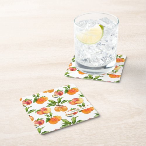Ripe Peaches Apricots and Plums Fruit Pattern Square Paper Coaster