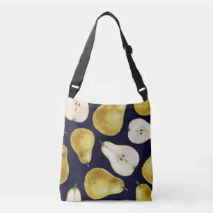 Ripe pear, black background, garden art crossbody bag