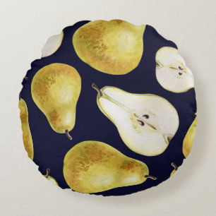 Ripe pear, black background, garden art round pillow