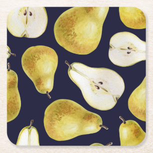 Ripe pear, black background, garden art square paper coaster