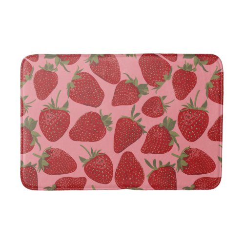 Ripe Red Strawberries on Pink Patterned Bath Mat