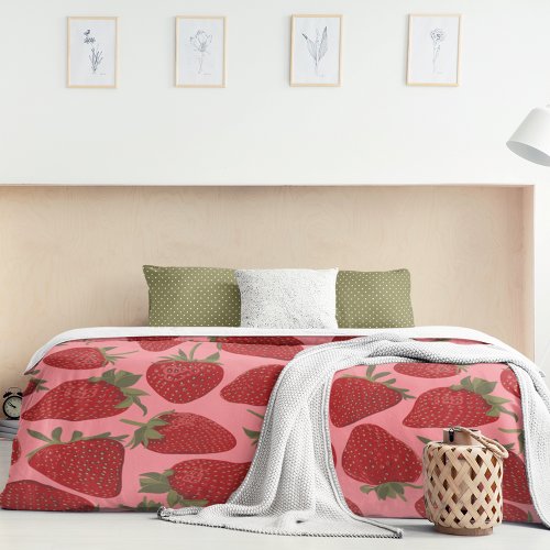 Ripe Red Strawberries on Pink Patterned Duvet Cover