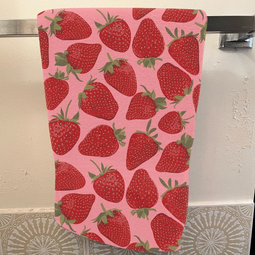 Ripe Red Strawberries on Pink Patterned Hand Towel