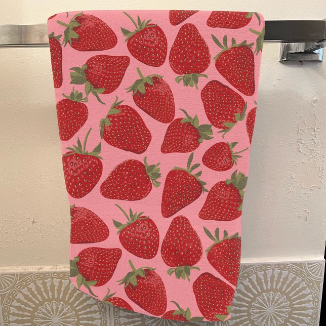 Ripe Red Strawberries on Pink Patterned Hand Towel (Creator Uploaded)