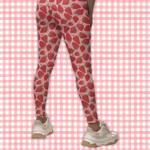 Ripe Red Strawberries on Pink Patterned Leggings