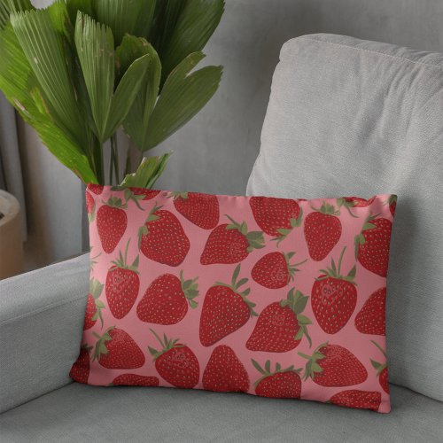 Ripe Red Strawberries on Pink Patterned Lumbar Pillow