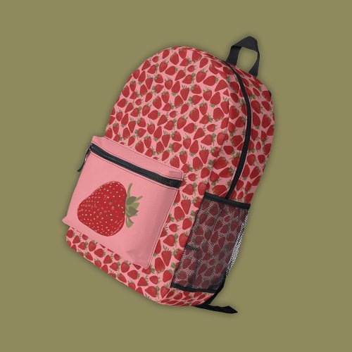 Ripe Red Strawberries on Pink Patterned Printed Backpack