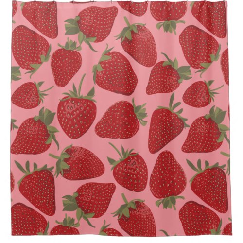 Ripe Red Strawberries on Pink Patterned Shower Curtain