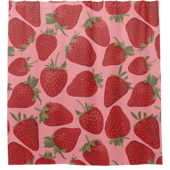 Ripe Red Strawberries on Pink Patterned Shower Curtain (Front)