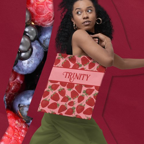 Ripe Red Strawberries on Pink Patterned Tote Bag
