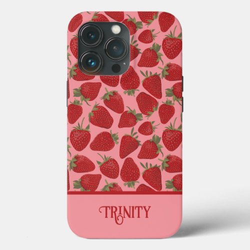 Ripe Red Strawberries on Pink Personalized iPhone 13 Pro Case