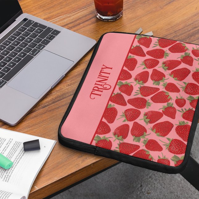 Ripe Red Strawberries on Pink Personalized Laptop Sleeve (Creator Uploaded)