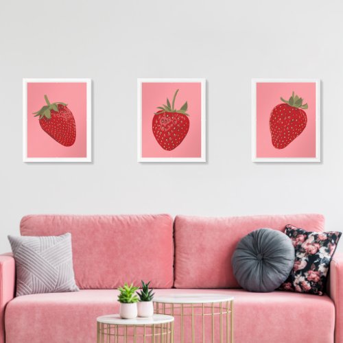 Ripe Red Strawberries on Pink Wall Art Sets