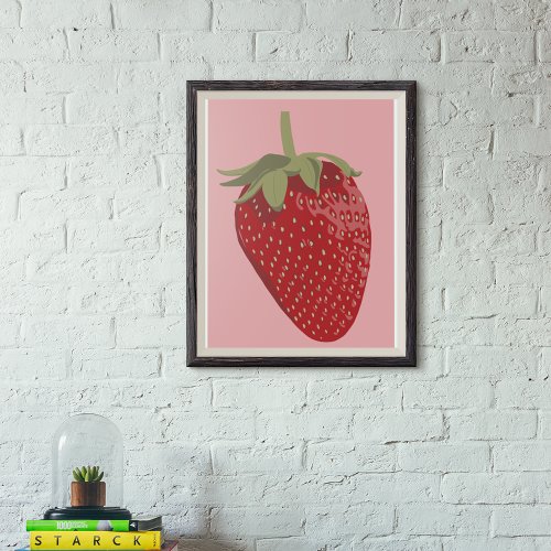 Ripe Red Strawberry Illustration on Pink Poster