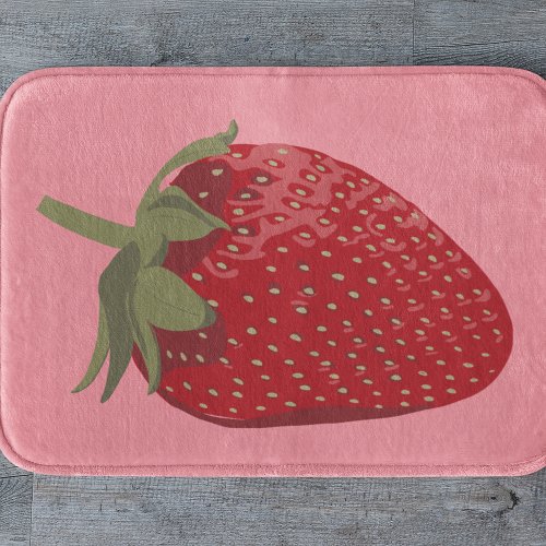 Ripe Red Strawberry on Pink Illustrated Bath Mat