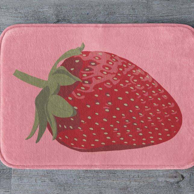 Ripe Red Strawberry on Pink Illustrated Bath Mat (Creator Uploaded)