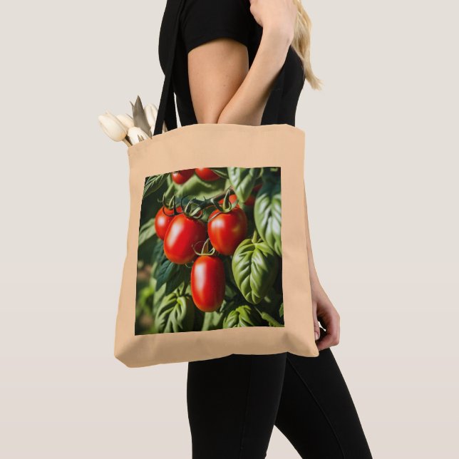 ripe red tomatoes and leaves design tote bag (Close Up)