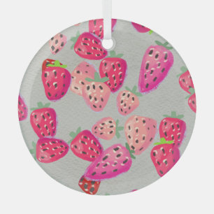 Ripe Strawberry Hand Drawn Texture Glass Ornament