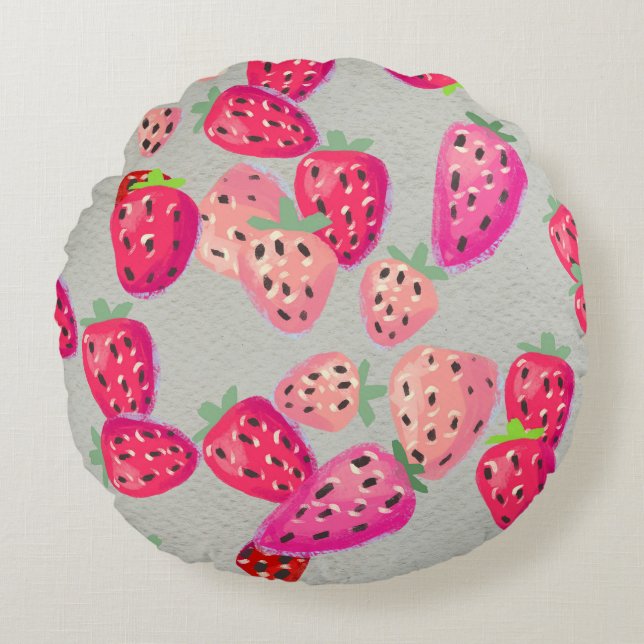 Ripe Strawberry Hand Drawn Texture Round Pillow (Front)