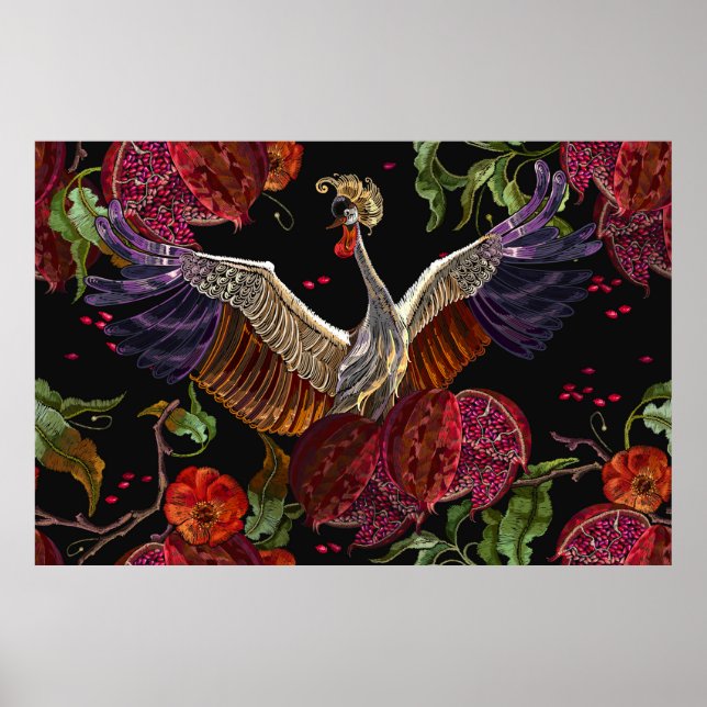 Ripened pomegranate fruits, crane birds and wild r poster (Front)