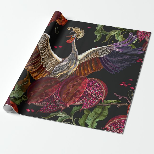 Ripened pomegranate fruits, crane birds and wild r wrapping paper (Unrolled)
