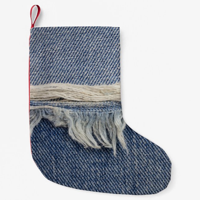 Ripped jeans texture, stylish background. small christmas stocking (Front)