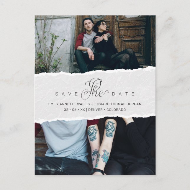 Ripped Paper Effect Wedding Custom Photo Script Invitation Postcard (Front)
