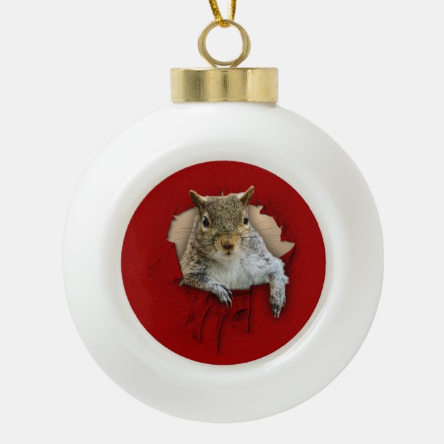 Ripped Shirt Squirrel Ceramic Ball Christmas Ornament (Front)