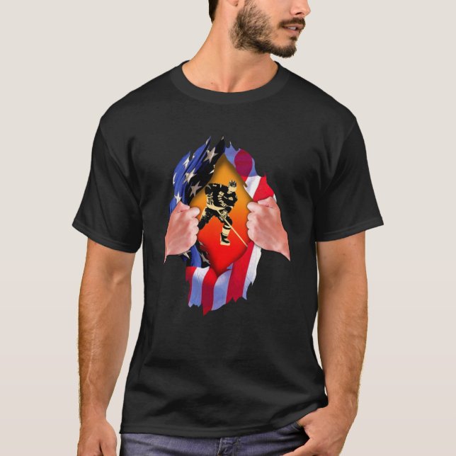 Ripped USA Flag Hockey Player Cool Ice Sports Refe T-Shirt (Front)
