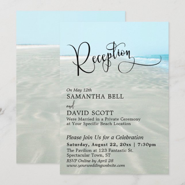 Rippled Sand Aqua Water Beach Wedding Reception Invitation (Front/Back)