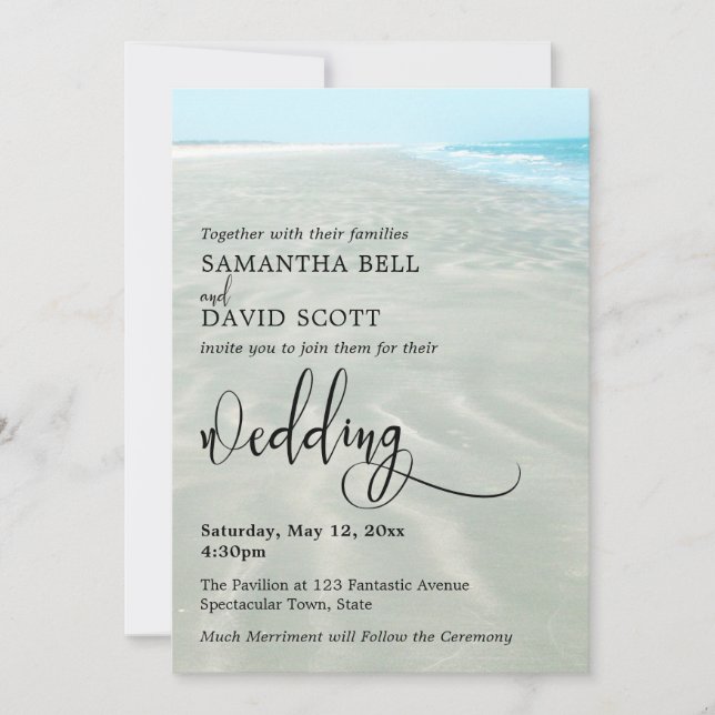 Rippled Sand Aqua Water Photo Modern Beach Wedding Invitation (Front)