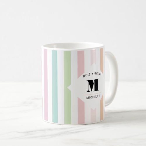 Rise and Grind Pastel Stripe Monogram Initial Coffee Mug