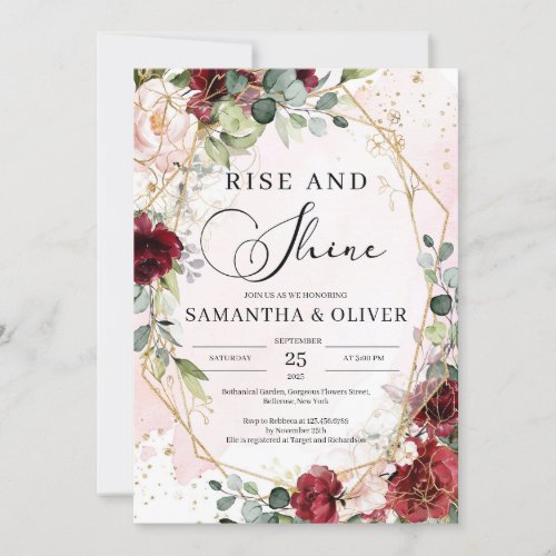 Rise and shine burgundy and gold geometric wedding invitation