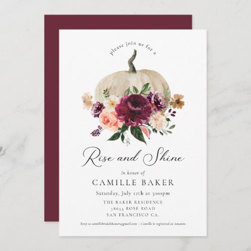 Rise and Shine Fall Pumpkin Burgundy Floral Invitation