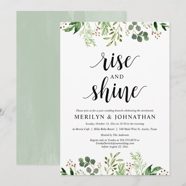 Rise and Shine, Greenery Post Wedding Brunch Invitation (Front/Back)