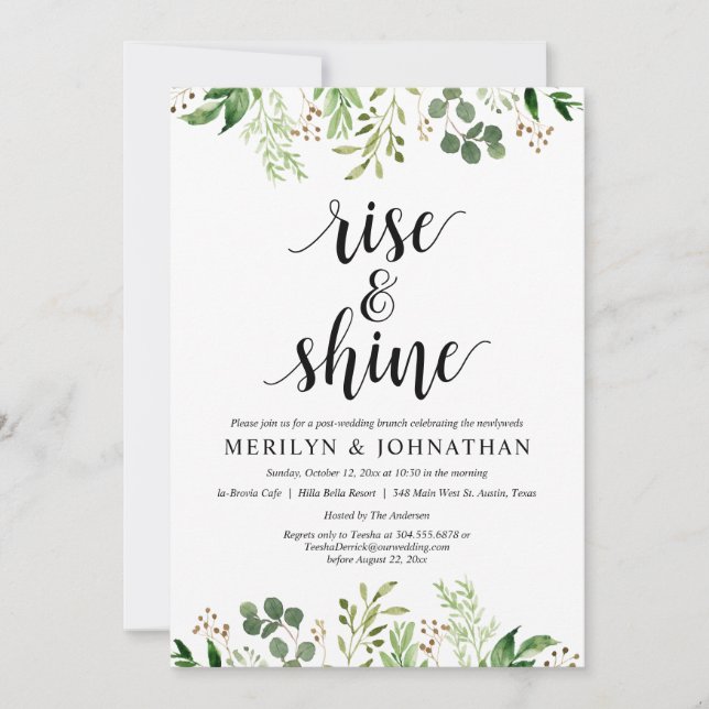 Rise and Shine, Greenery Post Wedding Brunch Invitation (Front)