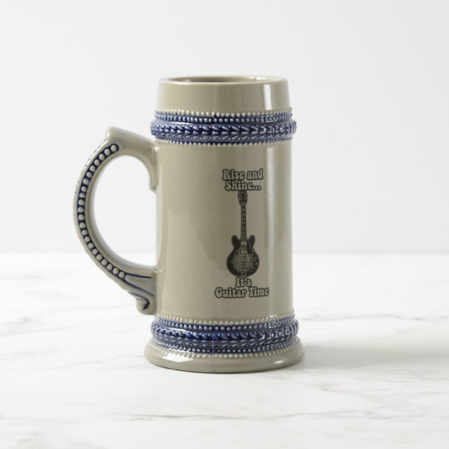 Rise and shine. it's guitar time. black and white beer stein (Left)