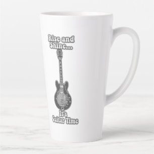 Rise and shine. it's guitar time. black and white latte mug