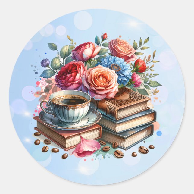 Rise and Shine Vintage Coffee Cup and Flowers Classic Round Sticker (Front)